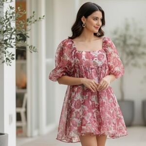 Storia Sz M Floral Feminine Fairy Puff Sleeve Puffy Mini Dress